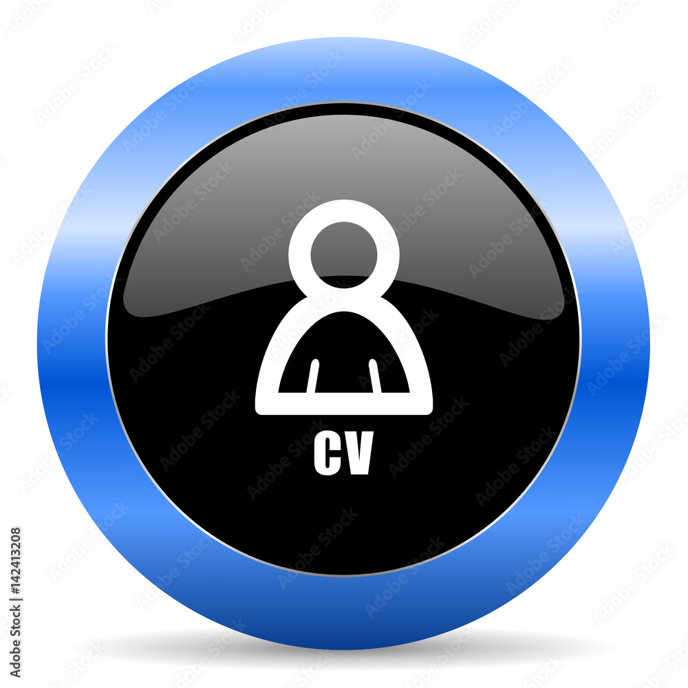 Cv black and blue web design round internet icon with shadow on white background. Cv black and blue web design round internet icon with shadow on white background.