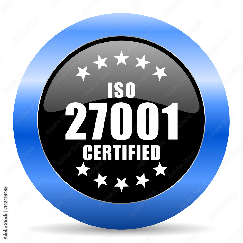 Iso 27001 black and blue web design round internet icon with shadow on white background. Iso 27001 black and blue web design round internet icon with shadow on white background.