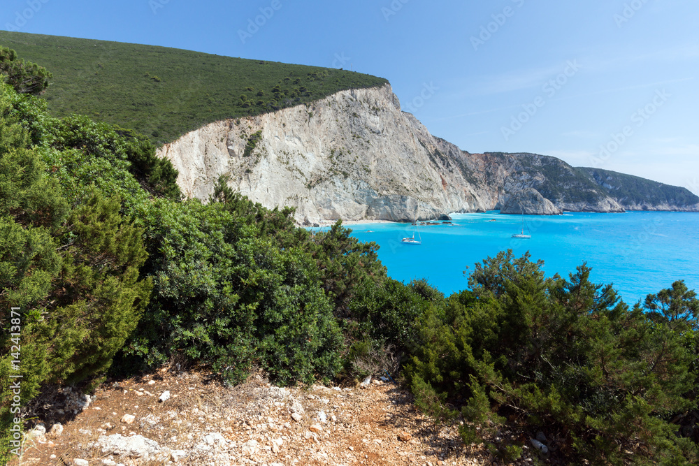 Amazing landskape of blue waters of Porto Katsiki Beach, Lefkada, Ionian Islands, Greece