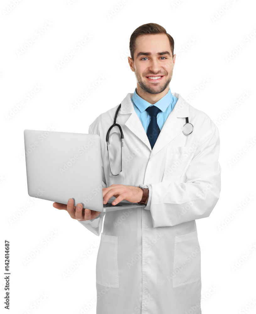 Handsome young doctor with laptop on white background Handsome young doctor with laptop on white background
