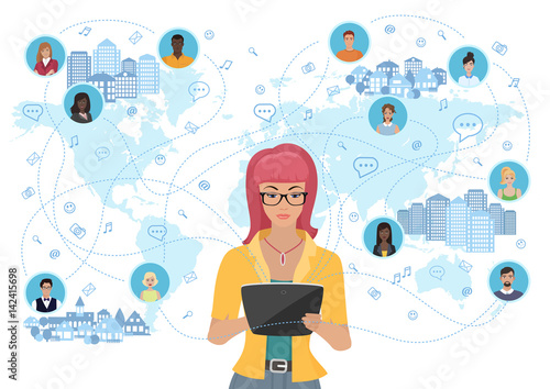 Young woman holding a tablet and communicating people all over the world. Social network and social media concept.