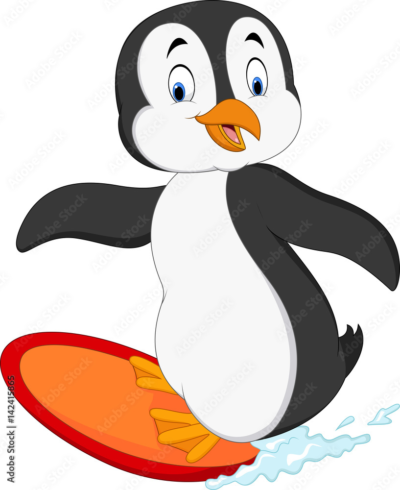 Obraz premium Cartoon surfing penguin