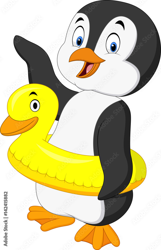 Fototapeta premium Cartoon penguin with inflatable ring