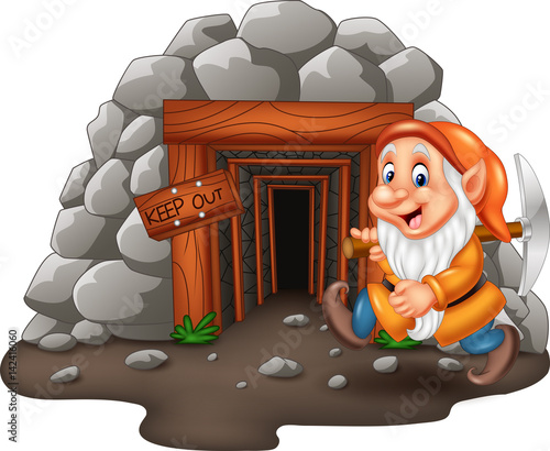 Cartoon mine entrance with dwarf miner 