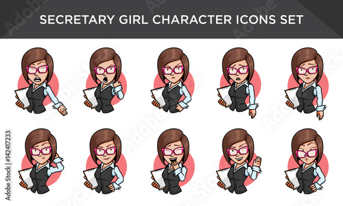 Secretary girl character icons set vector