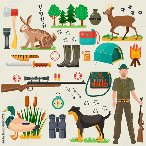 Hunter tourist man male tools and equipment stuff items set. Cartoon flat Hunting hunters icons collection.