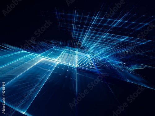 Abstract background element. Fractal graphics series. Three-dimensional composition of intersecting grids. Information technology concept. Blue and black colors.