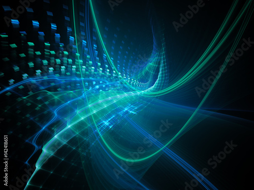 Abstract background element. Fractal graphics series. Three-dimensional composition of intersecting grids, lines and blurs. Information technology concept. Blue and black colors. © Digital art