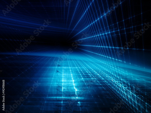 Abstract background element. Three-dimensional composition of glowing grids and wave shapes. Science and technology concept. Blue and black colors.