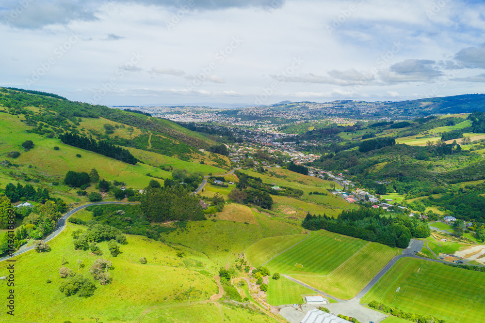 Aerial Dunedin Town and Otago Bay, New Zealand
