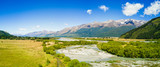 Aerial view of Mountains over remote river, Glenorchy, Central Otago, New Zealand