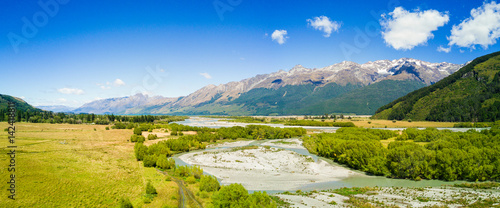 Aerial view of Mountains over remote river  Glenorchy  Central Otago  New Zealand