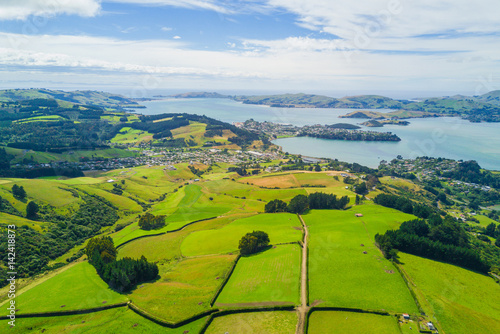 Schilderij op canvas Aerial Dunedin Town and Otago Bay, New Zealand
