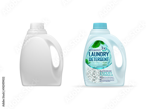 Laundry detergent ads, deep clean design. Ultra clean and fresh, deep clean effects, fibers, water drops, dirt. Drawn elements,3d vector illustration, mock up, realistic colorful background. photo