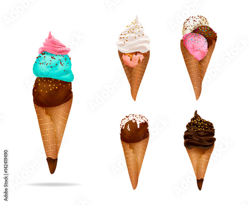 Ice cream collection: chocolate, vanilla, cream,scoops, waffle cone, different colors and forms. Hand drawn elements, vector illustration, editable elements, 3d tasty set, isolated on white background