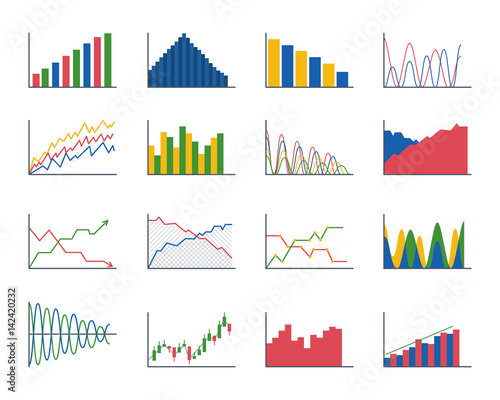 Business data graph analytics elements bar pie charts diagrams and flat icon infographics design isolated presentation report information vector illustration.
