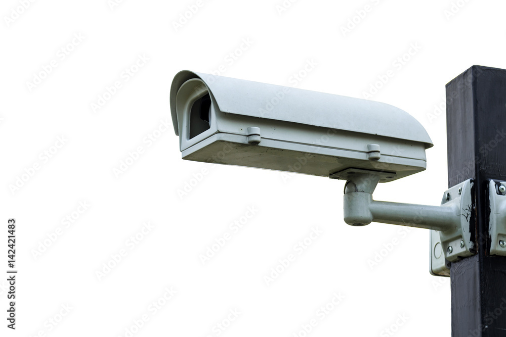 closeup CCTV security camera isolated on white background. clipping path