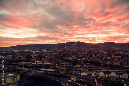View over the city during sunset, aerial shot, Liberec, Czech republic