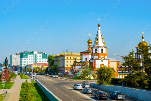 View of the Cathedral of the Epiphany and the monument to the founders of Irkutsk, Russia photo