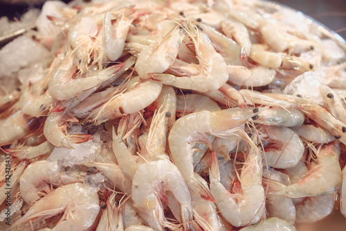 The large fresh shrimp at the night market,real shot under  fluorescent light at night.