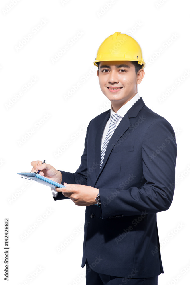 Young aisan handsome architect working over white background