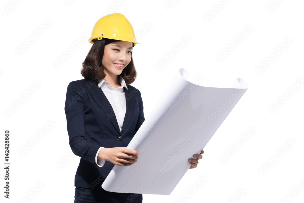 Portrait of architect student woman with blueprints protect wearing helmet Portrait of architect student woman with blueprints protect wearing helmet