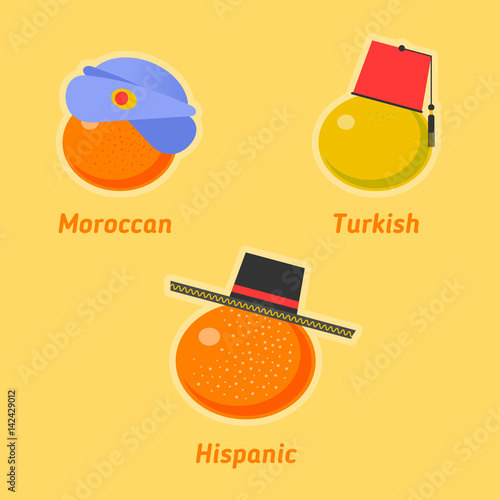 Vector flat illustration of various sorts of tangerines. Tropical healthy tasty citrus fruit icons. Sweet moroccan, turkish and hispanic mandarines symbols. Import and expotr food concept.