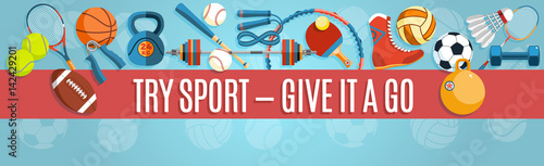 Set of sport balls and gaming items at a blue background. Healthy lifestyle tools, elements. Vector Illustration.