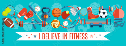 Set of sport balls and gaming items at a turquoise background. Healthy lifestyle tools, elements. Vector Illustration.