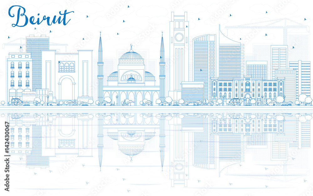 Fototapeta premium Zarysuj panoramę Bejrutu z niebieskimi budynkami i odbiciami.