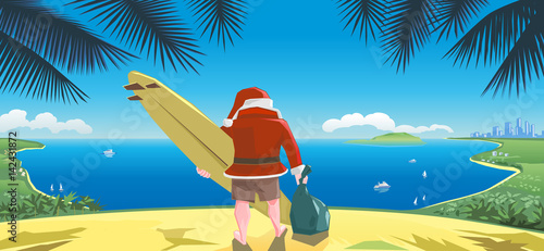 Santa Standing Near The Beach With Surf Board