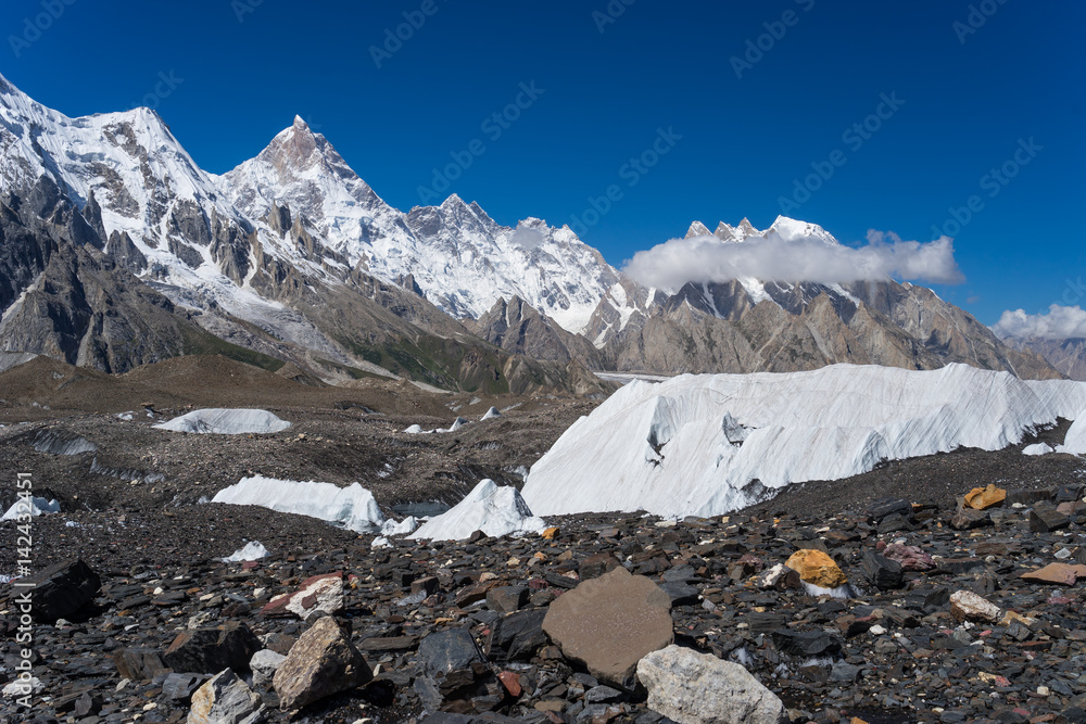Masherbrum mountain peak behind Baltoro glacier, K2 trek, Pakistan