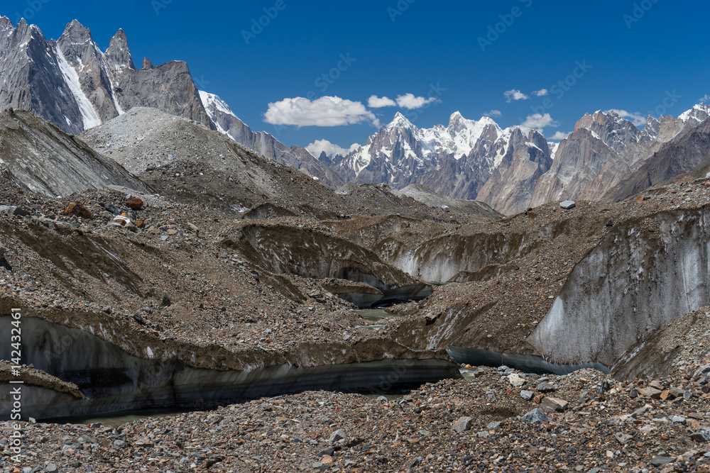 Fototapeta premium Texture of Baltoro glacier in front of Paiju peak, K2 trek, Pakistan,