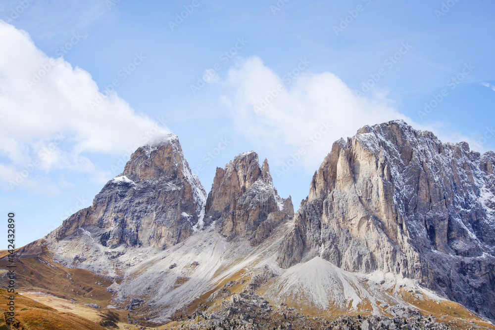 The Langkofel Group (in italian: Gruppo del Sassolungo) the massif mountain in the (western) Dolomites. View from Sella Pass. Italy, Europe. The Langkofel Group (in italian: Gruppo del Sassolungo) the massif mountain in the (western) Dolomites. View from Sella Pass. Italy, Europe.