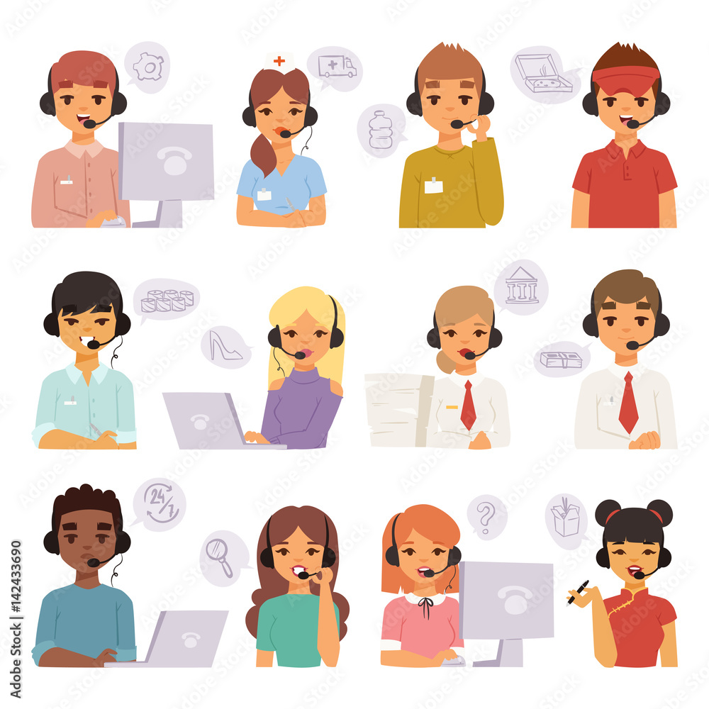 Call center agents cartoon business people with headphones team talking on phone with customers and vector characters customer care operators. Call center agents cartoon business people with headphones team talking on phone with customers and vector characters customer care operators.