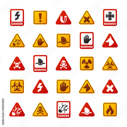 Free Download Prohibition signs set industry production vector yellow red warning danger symbol forbidden safety information and protection no allowed caution information. - GFXLoad
