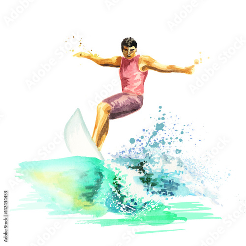 Wallpaper Mural Hand drawn watercolor young surfer on a board catching a wave Torontodigital.ca