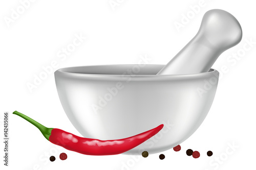 Porcelain mortar and pestle with red chili pepper and peppercorns. Vector illustration.