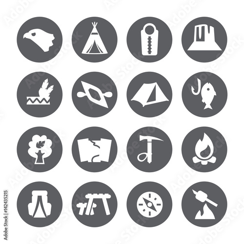 Camping icons set, trekking sign.