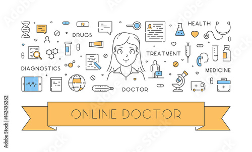Vector line web concept of online doctor