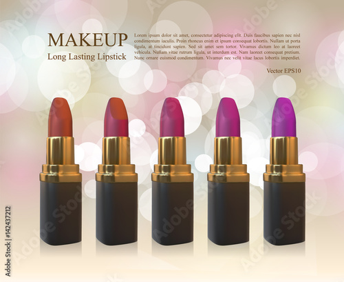 Makeup ads template. 3d illustration lipstick in differrent color on the glowing background