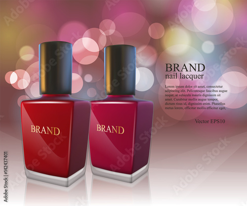 Nail lacquer ads, nail polish bottles on glowing background. 3D Realistic vector illustration