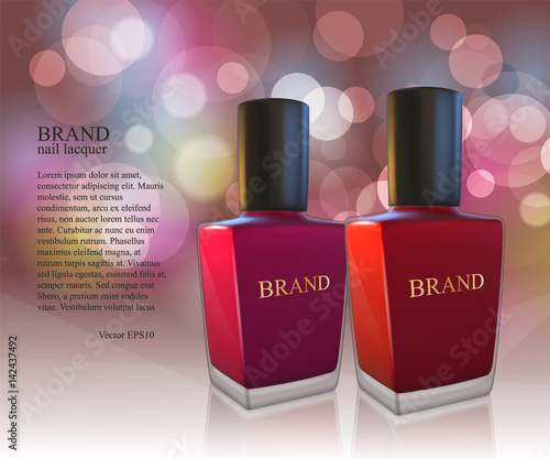 Nail lacquer ads, nail polish bottles on glowing background. 3D Realistic vector illustration
