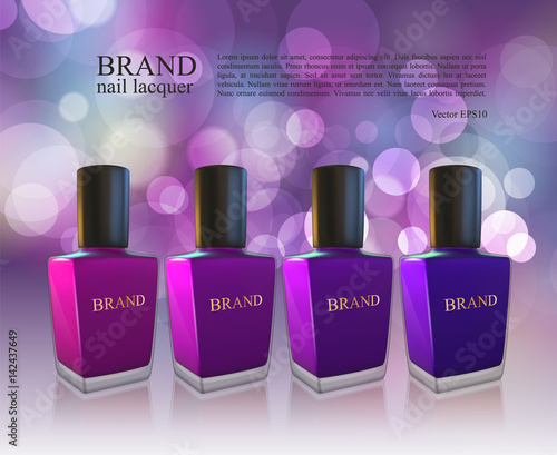 Nail lacquer ads, nail polish bottles on glowing background. 3D Realistic vector illustration
