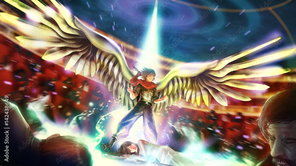 Cartoon illustration of a great birdman or wingman warrior hero is