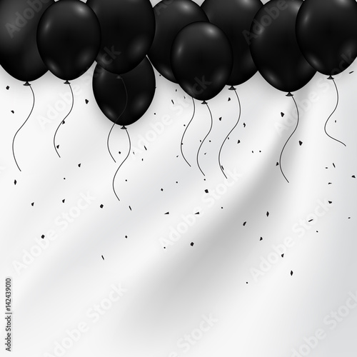 Black Shiny Balloons on White Silk Background with Confetti . Vector illustration.