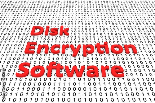 Disk Encryption Software in the form of binary code, 3D illustration