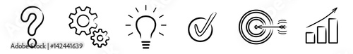 Vektor-Iconset: Fragezeichen, Zahnräder, Glühlampe, Check, Zielscheibe, Diagramm / Zeichnung, schwarz-weiß