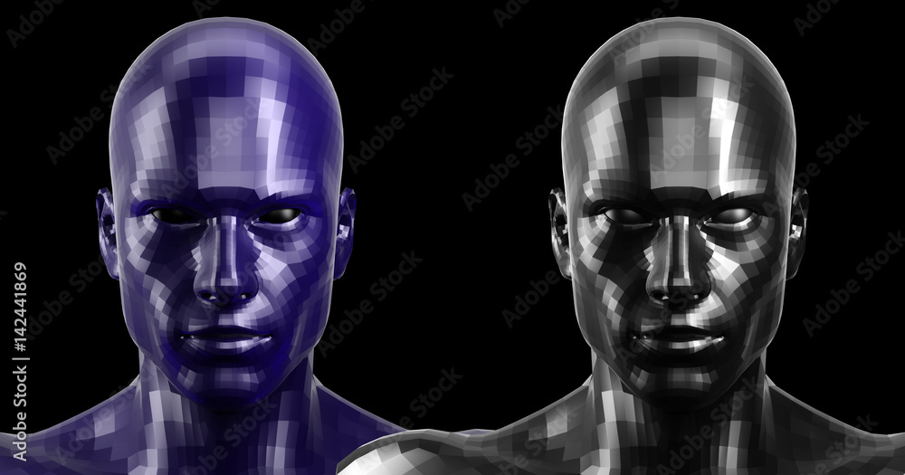 3d rendering. Two black and blue faceted android heads looking front on camera 3d rendering. Two black and blue faceted android heads looking front on camera