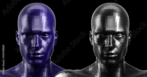 3d rendering. Two black and blue faceted android heads looking front on camera